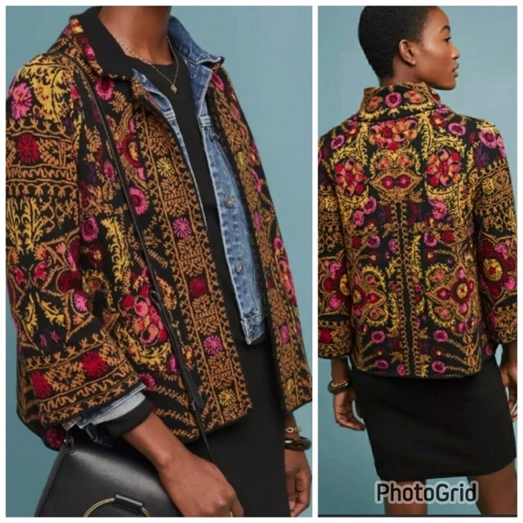 Anthropologie Jackets & Blazers - Anthropologie Moth Payton Floral Jacquard Jacket Sweater Fair Isle Black Gold S